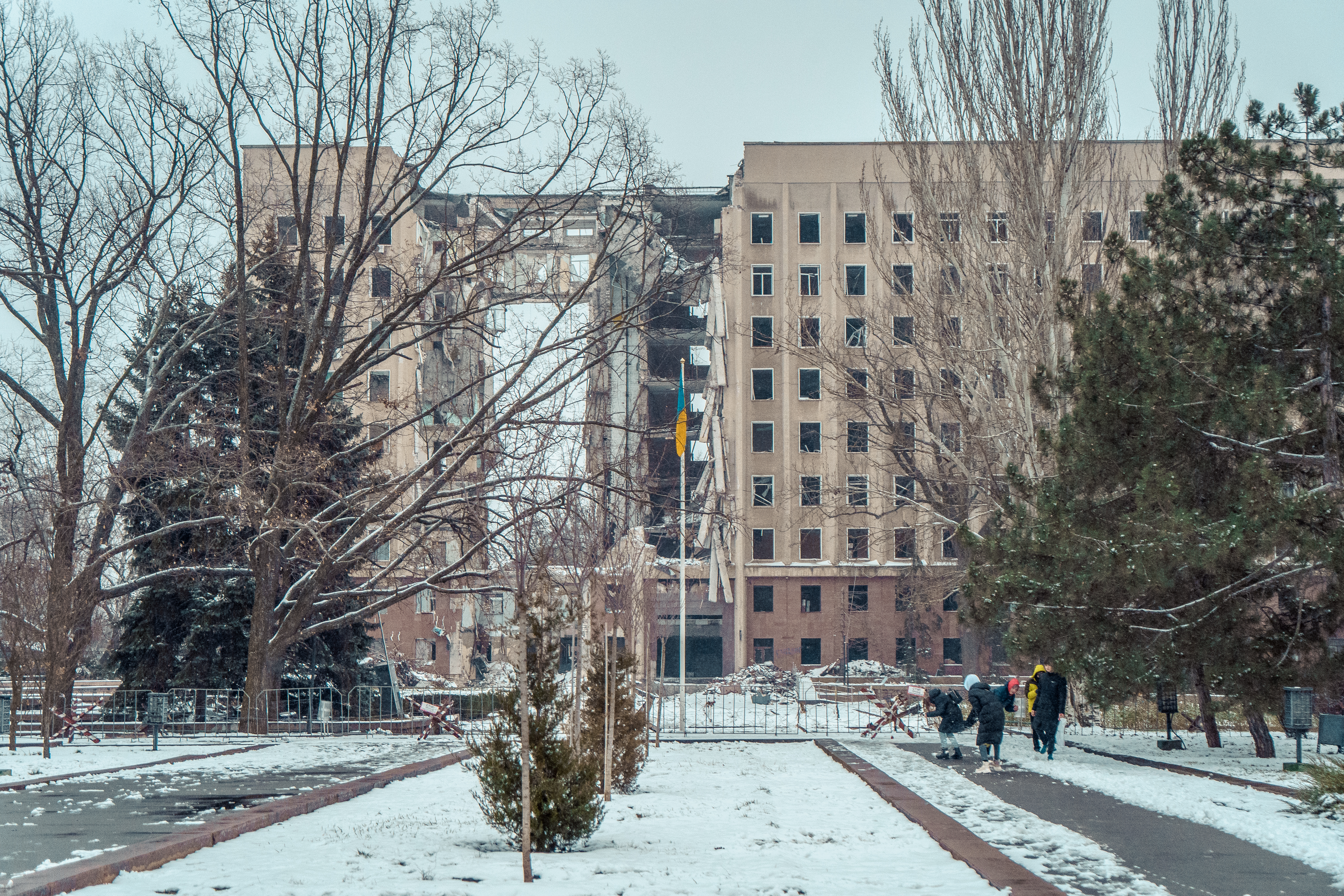 The damaged building of the Mykolaiv Oblast Administration, as seen in January 2023