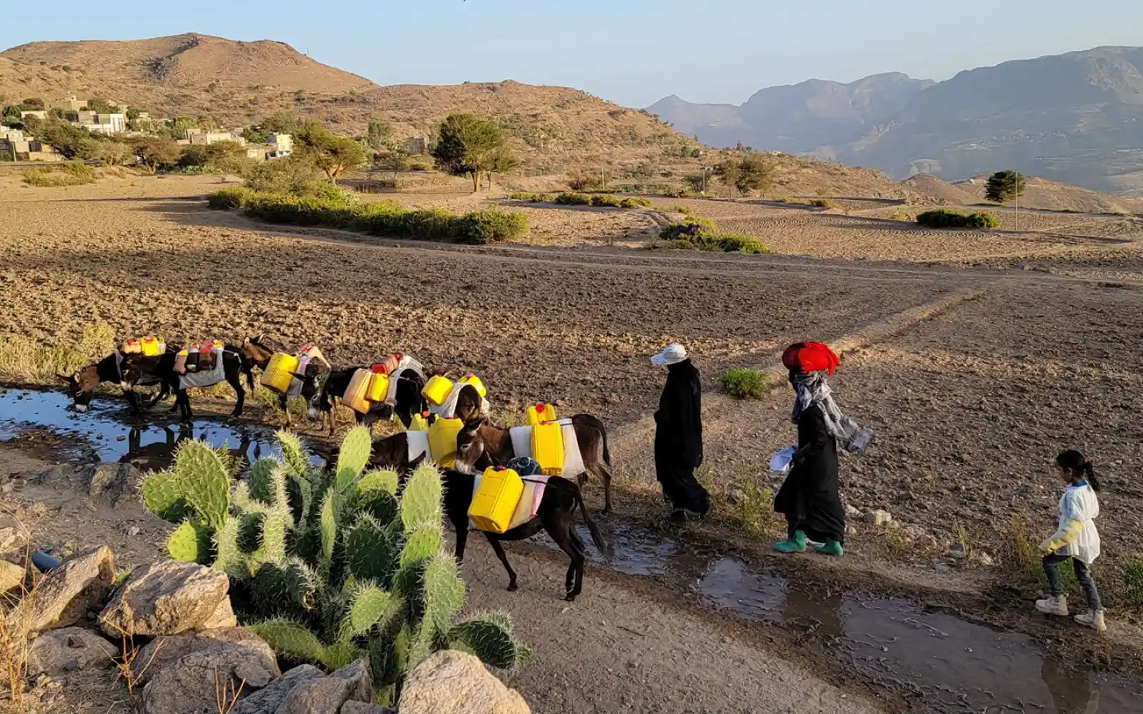 Des femmes et des enfants du village de Toomr vont chercher de l’eau à un puits.