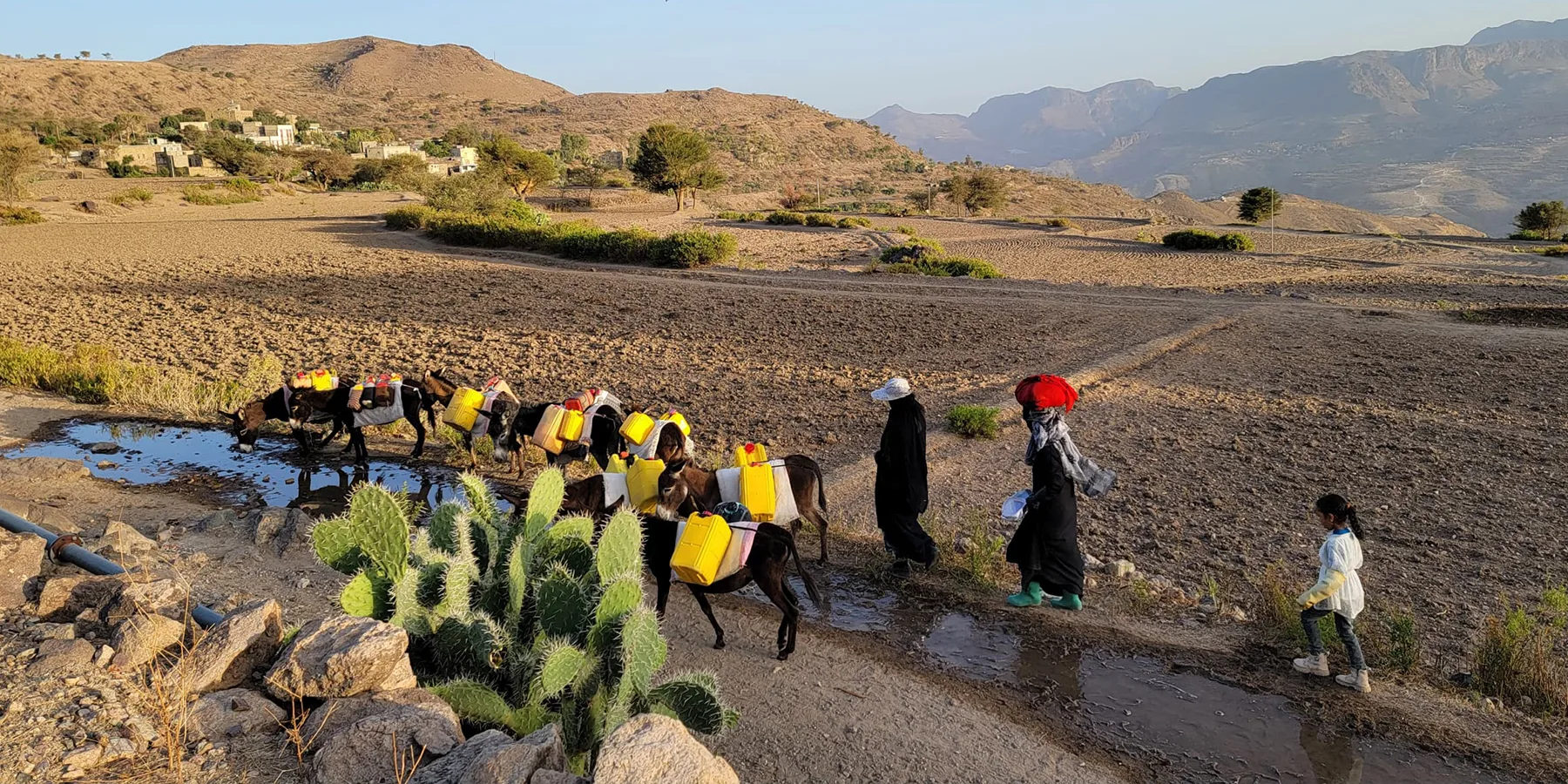 Women and children in Toomr village fetch water from a water well.