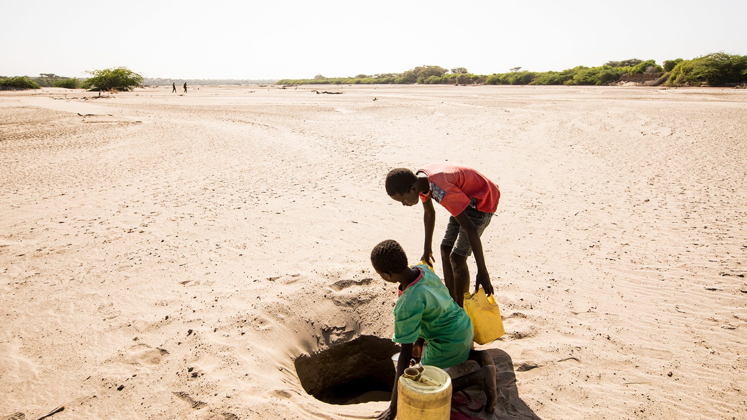Pour trouver de l’eau, Gilbert et Alfred doivent traverser des terres semi-arides pendant plus d’une heure.