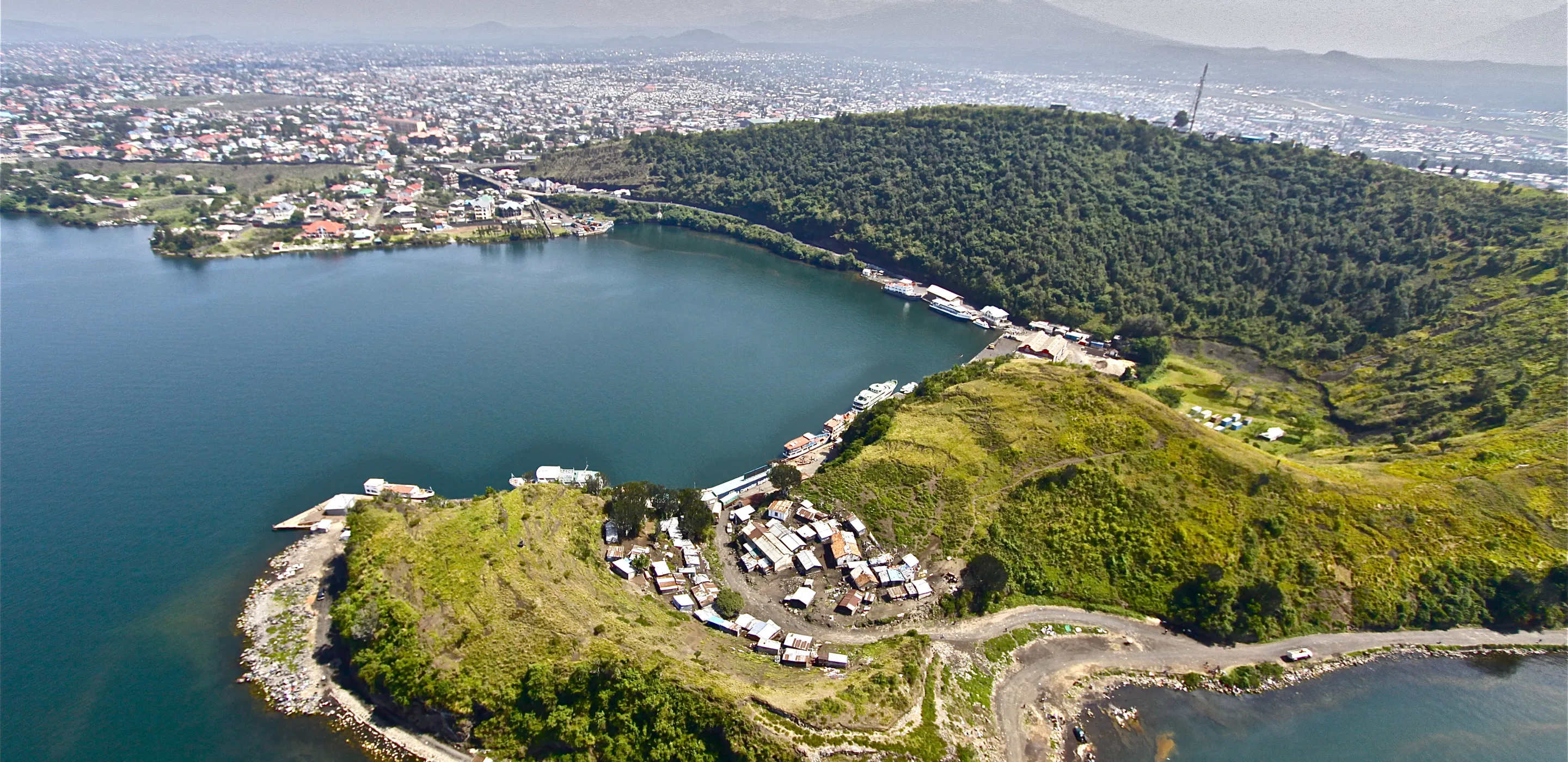 Lake Kivu with the city of Goma and Mount Nyiragongo in the background.