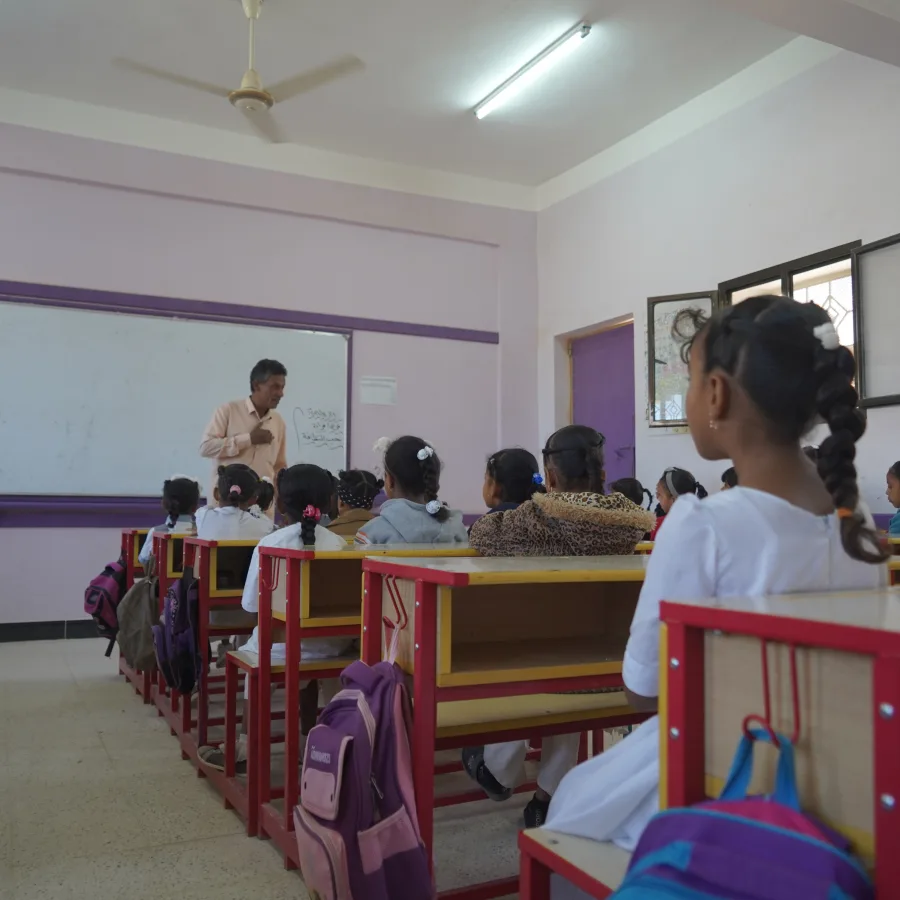 Elementary students attend class that is powered through solar energy.