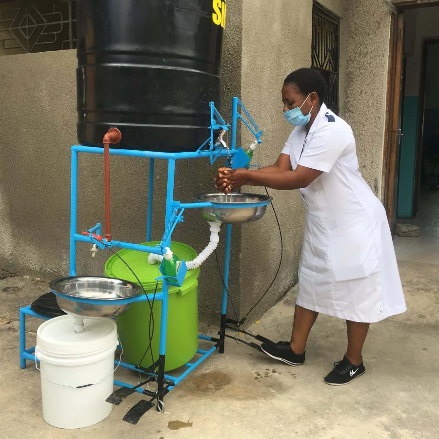 Innovative, market-based solutions, like this pedal-operated handwashing station, are essential for bringing sustainable hygiene products to the facilities and communities that need them most.