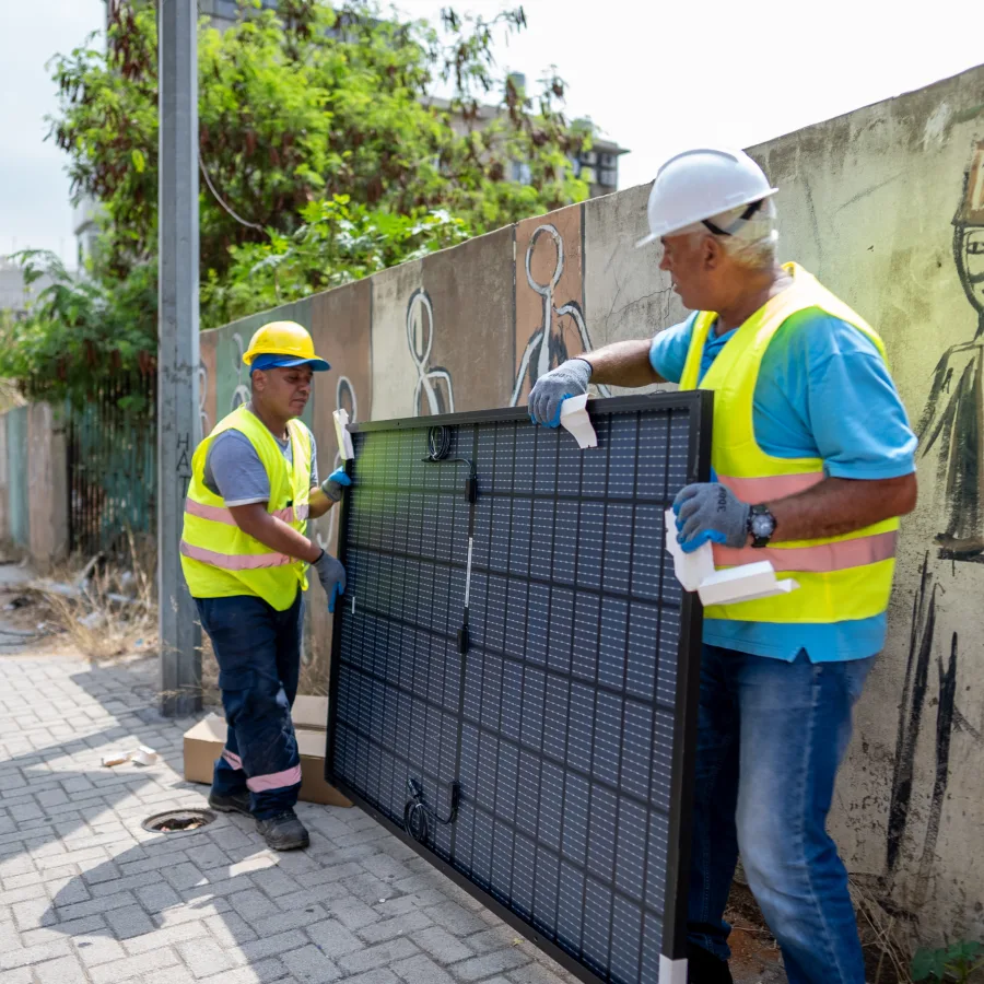 In Beirut, Lebanon, solar panels are installed on city streets.
