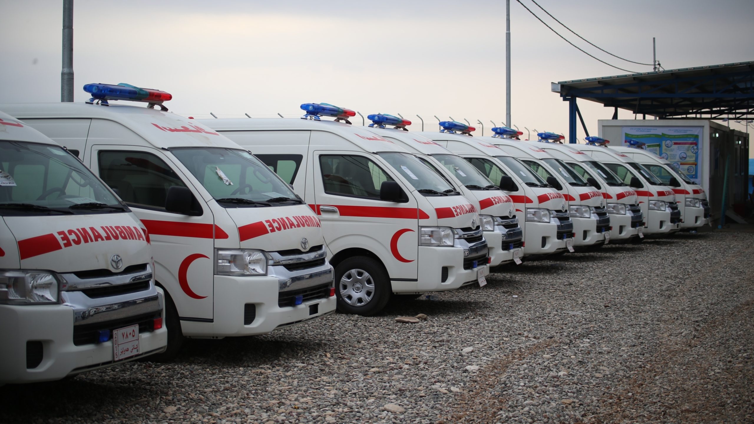 Quelques-unes des 20 ambulances entièrement équipées achetées grâce à des fonds du gouvernement du Japon.