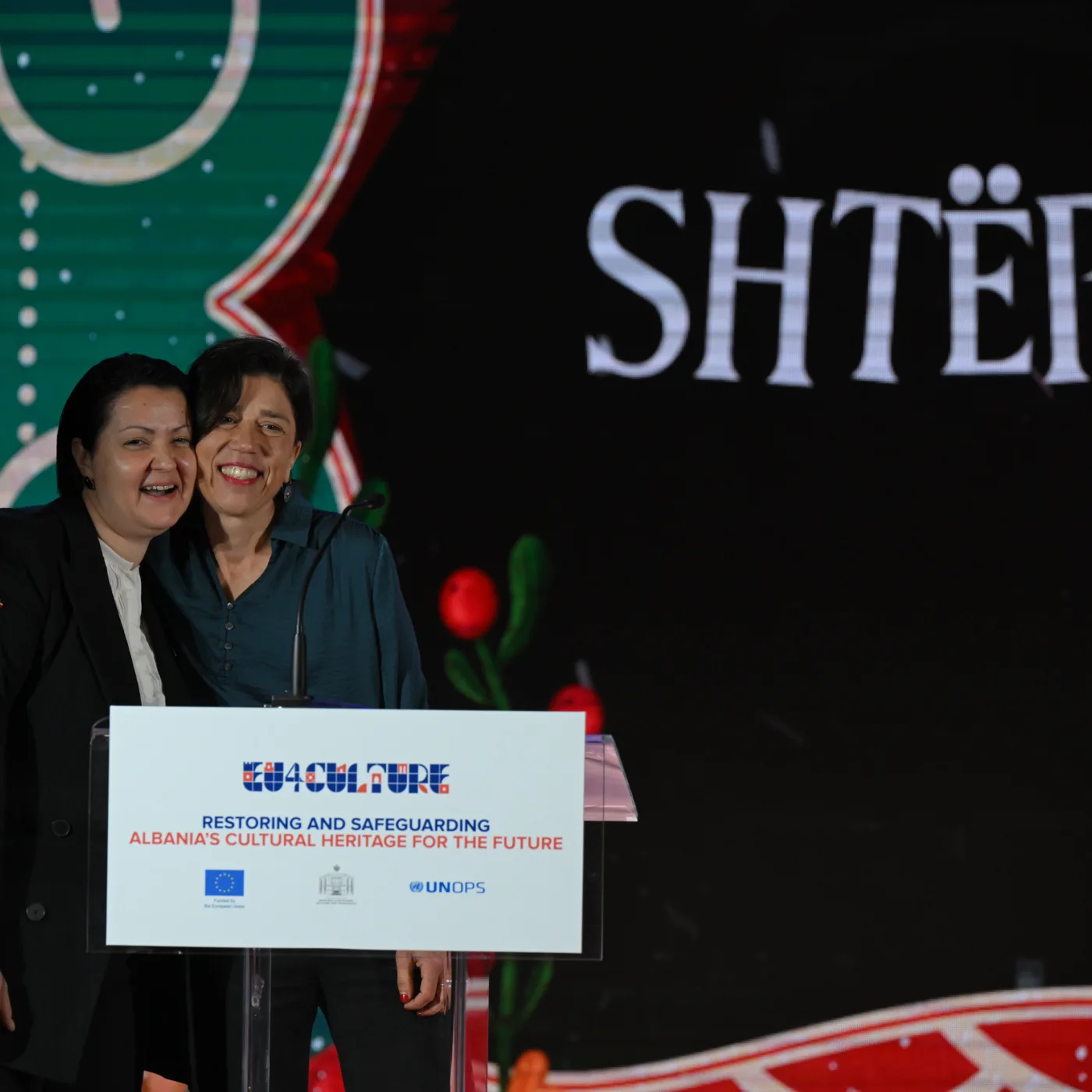 Sabine Kania, UNOPS Albania Country Manager, embraces Melsi Qirici, Director of the Theatre during the reopening ceremony of the National Puppet Theatre in Tirana.   “This theatre is not just a building; it’s a place to bring people together for dialogue, laughter, and creativity. It is a gift to Albania’s future.”
