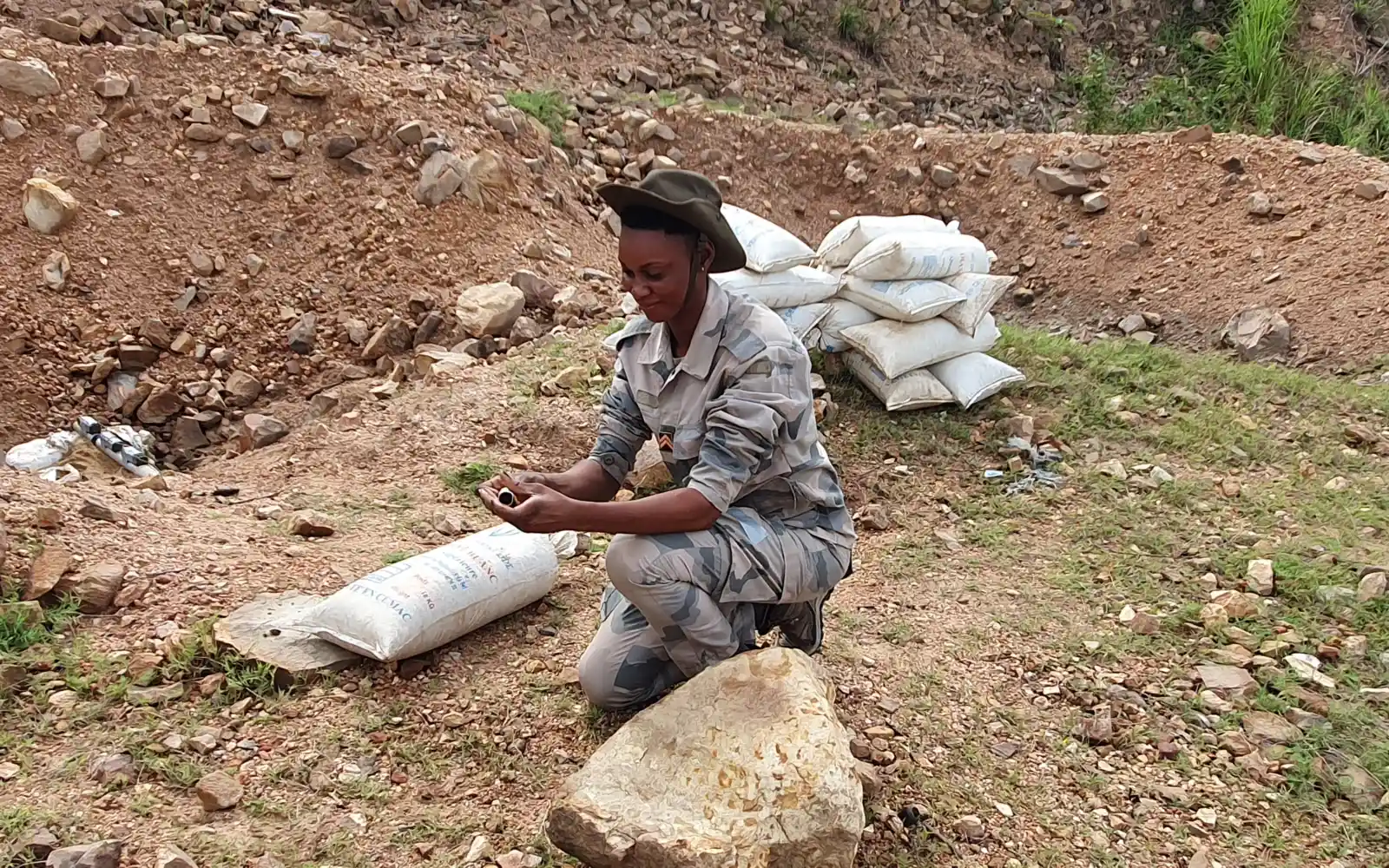 Sergeant Laure Christelle Djimadoum-Narom-Ko carries out an EOD spot task, highlighting the critical role of female officers in strengthening national mine action capacities across Central African Republic.