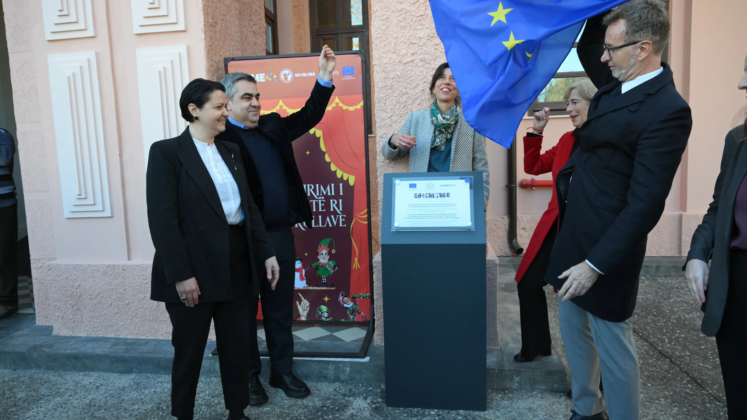 Officials celebrating the restoration through the EU4Culture programme in collaboration with the government of Albania and UNOPS.