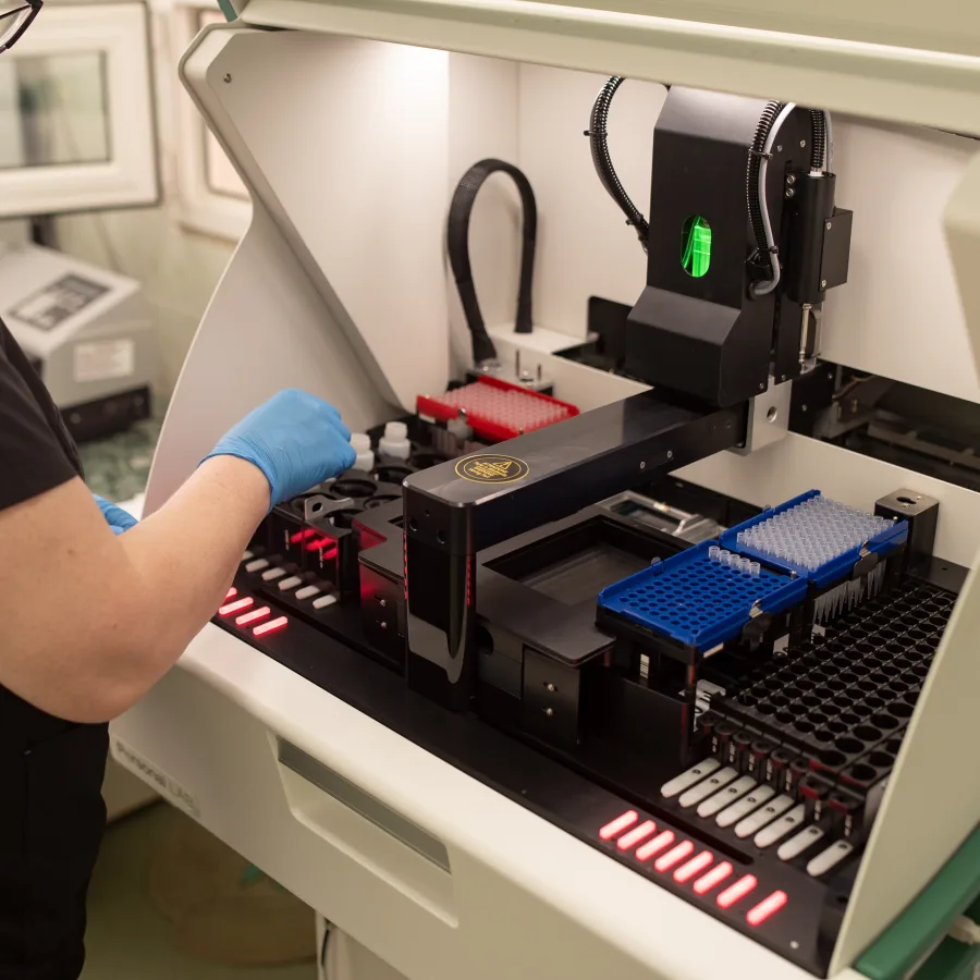 This piece of equipment analyses multiple blood samples at once significantly increasing output. Photo from August 2023