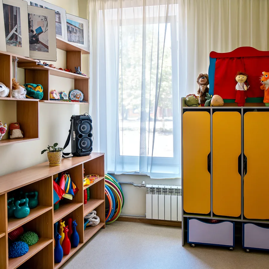 A revitalized classroom, now filled with toys, puppets, and learning materials on new shelves, showcasing the interior renovation.